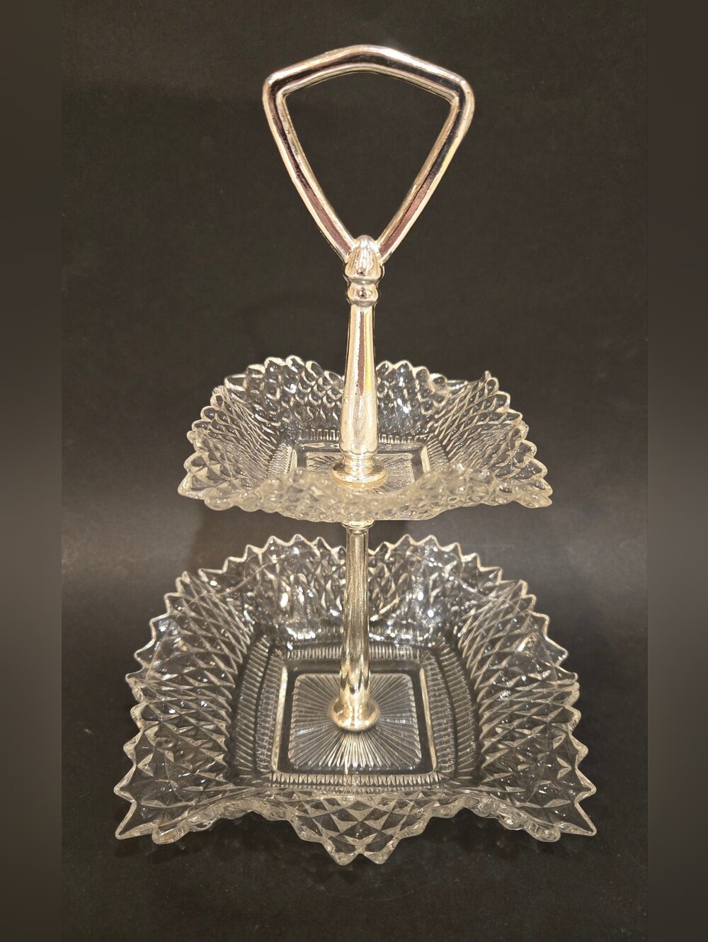 Vintage Glass Two-Tier Server with Silver Handle - Clear